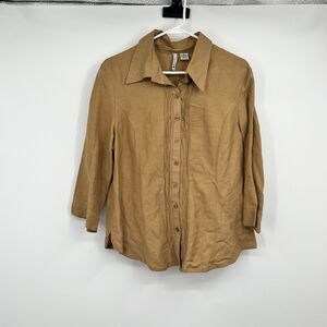 Womens Linen Blend XL Brown Button Pintuck Shirt Blouse Boho Festival Hippie